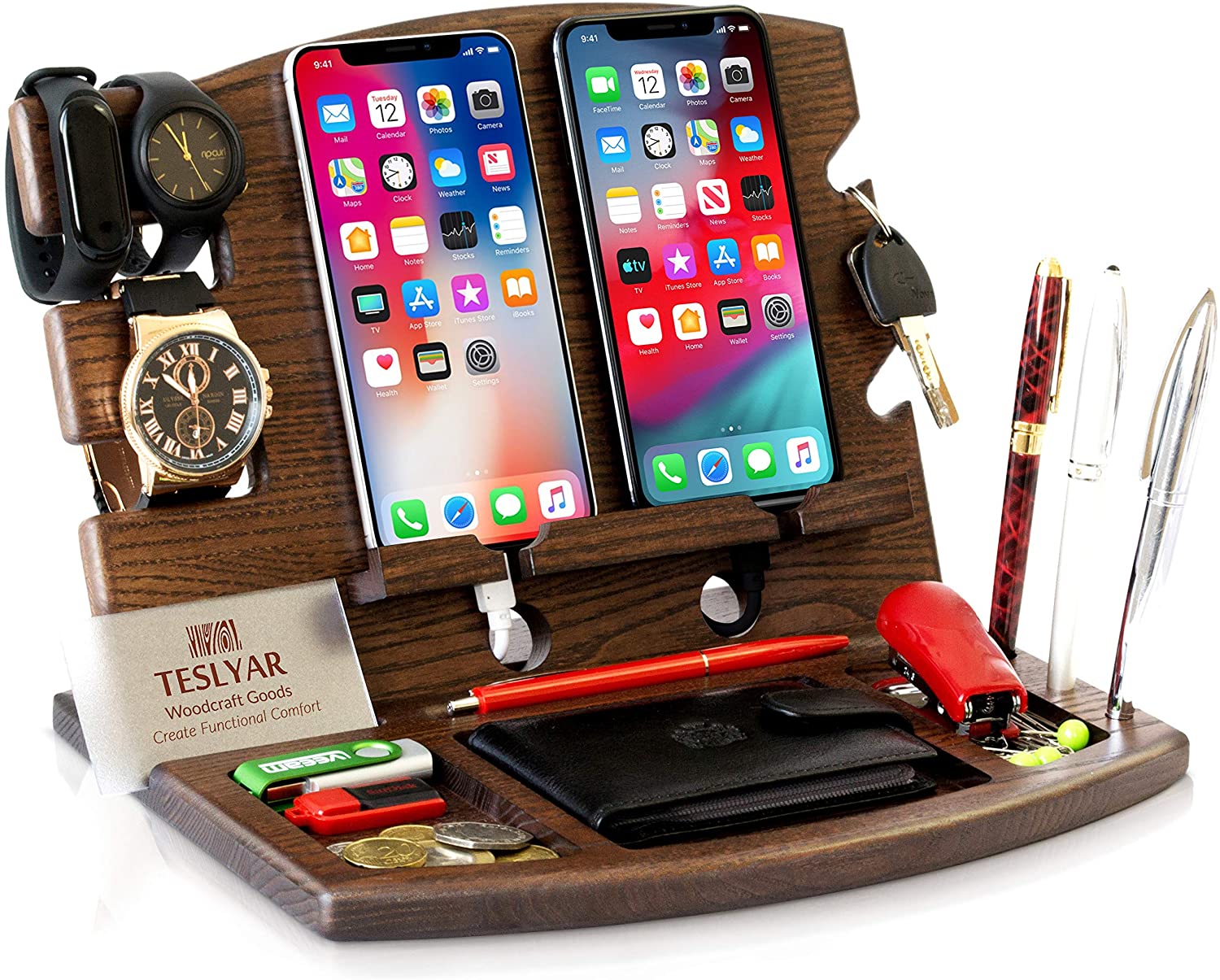 Dual Phone Holder made of Wood = Hand crafted Wood Designs